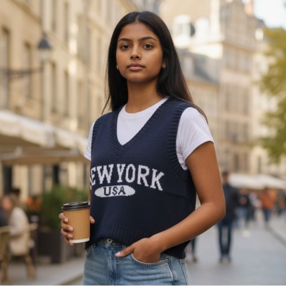 NWT Princess Polly Classic New York USA Women's Knit Navy Blue and White Vest